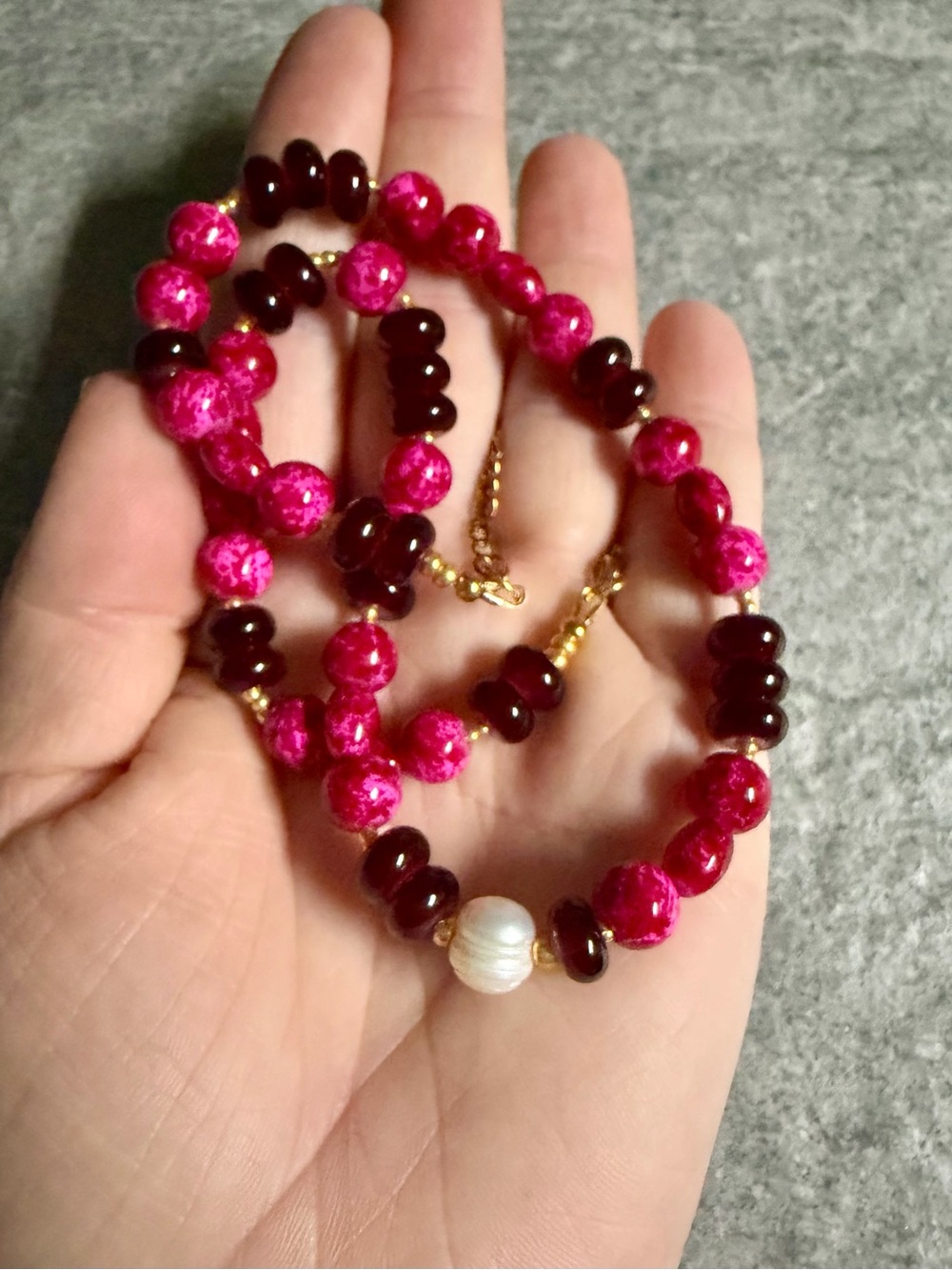Handmade red and burgundy Beaded Necklace with Pearl Accent